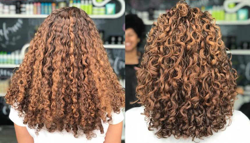 Dois registros do mesmo cabelo cacheado castanho visto por trás, mostrando cachos em espiral bem definidos e volumosos